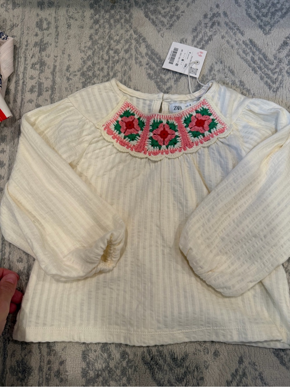 Zara Cream Top with Pink and Green Crochet Yoke